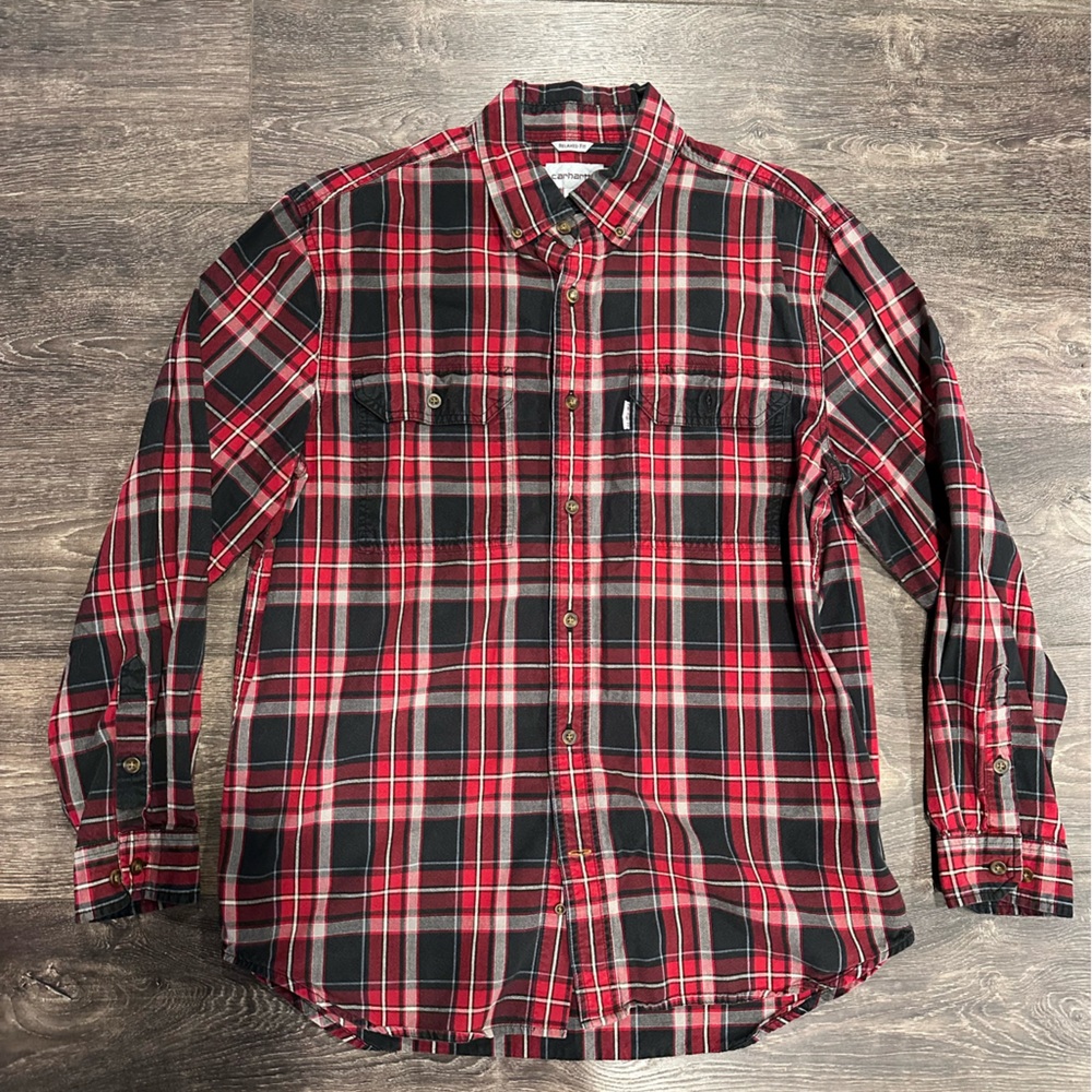 Carhartt Men’s Relaxed Fit Button Down Red & Black Plaid Casual Shirt, LG